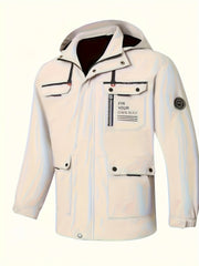 Men's White Hooded Parka Jacket with Zipper Closure and Multiple Pockets Plus Size for Fall Winter