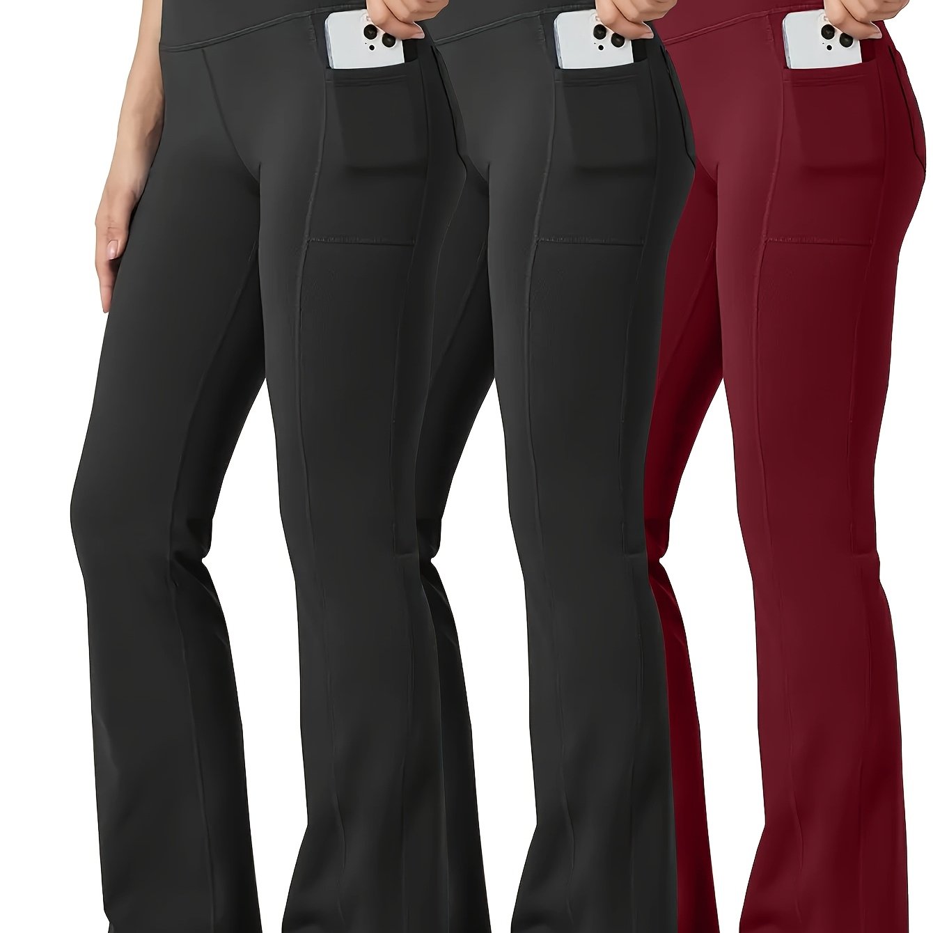 Pantalones de pierna acampanada para mujer de talla grande con bolsillos para teléfono, con control de abdomen elástico en negro, verde y azul