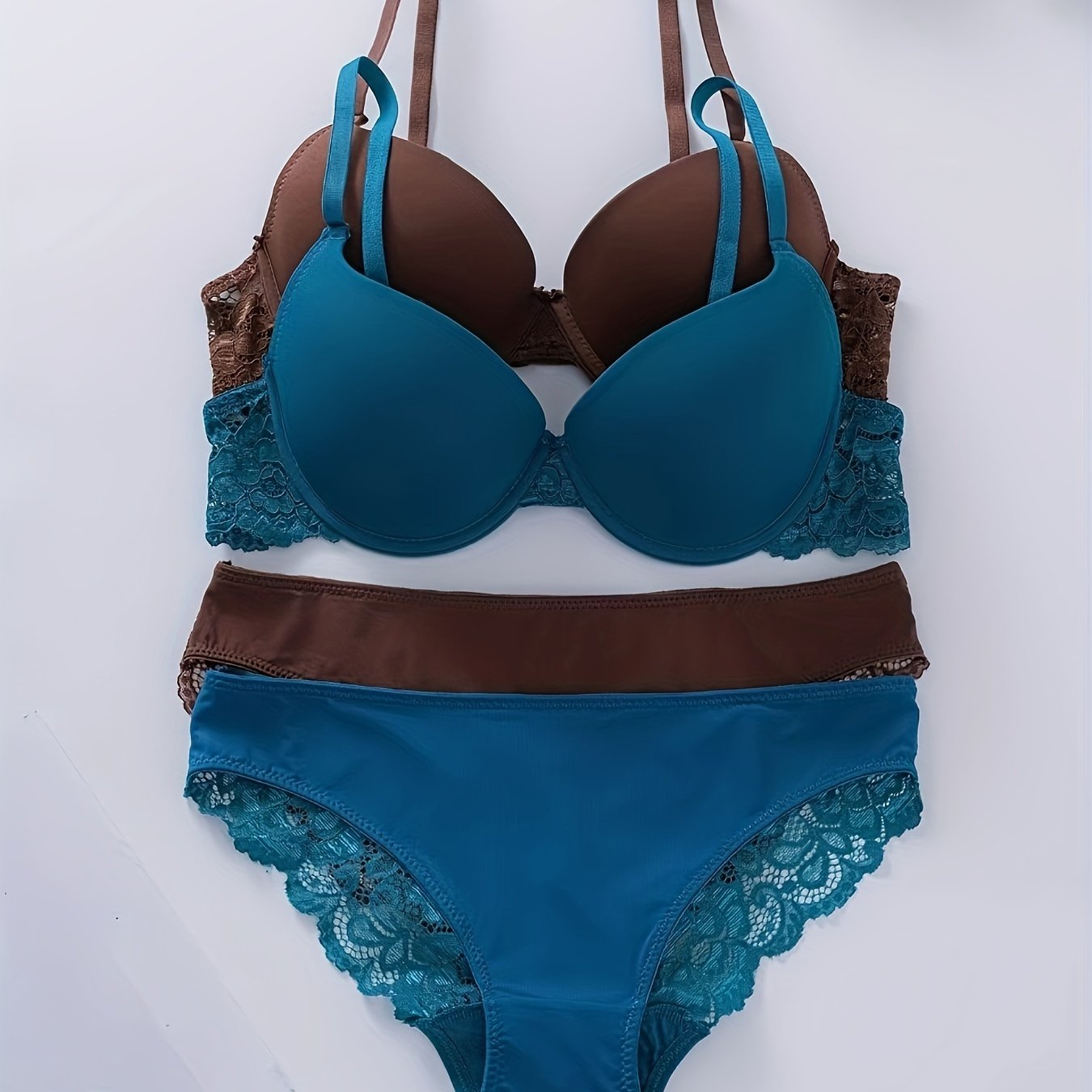 Teal and Brown Lace Lingerie Set with Push-Up Bra and High-Support Panties