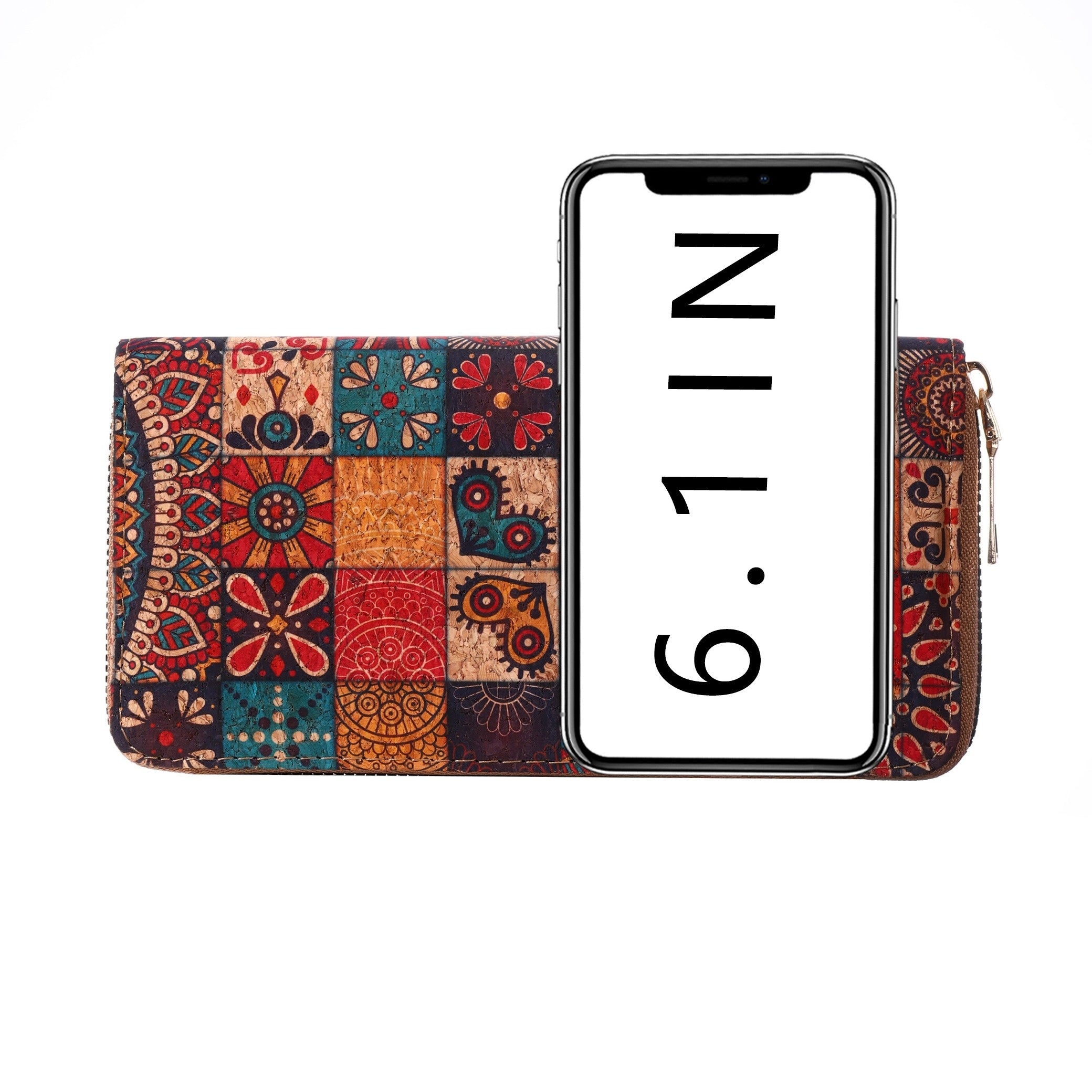 Etnik uslubdagi uzun hamyon, retro vegan charmidan yasalgan, gullar dizayni va ko'p kartochka joylari bilan.