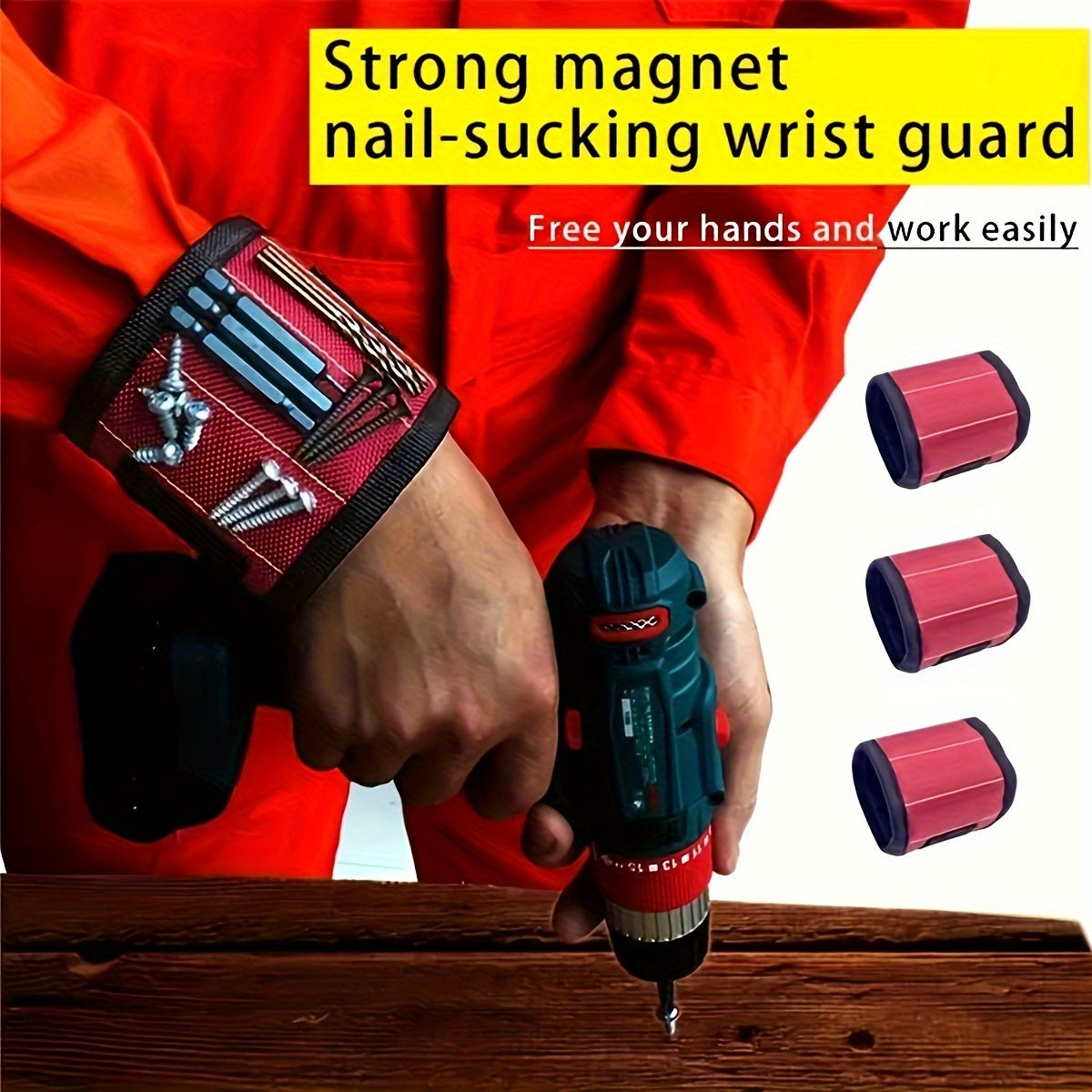 Magnetic Wristband for Screws Nails and Drills Red Fabric Tool Holder
