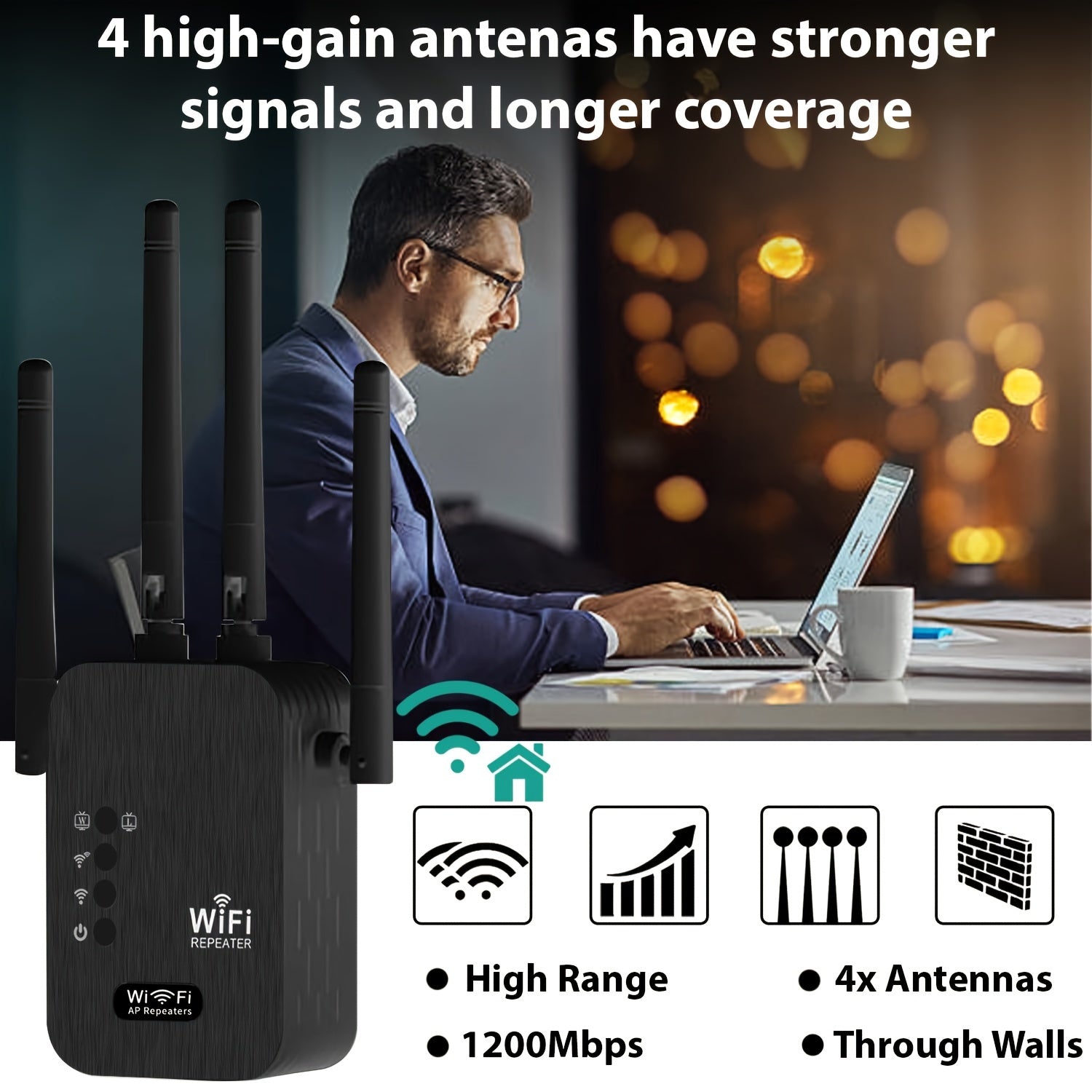 WiFi Range Extender Dual Band 1200 Mbps Ethernet Support Up to 8500 Sq Ft Black