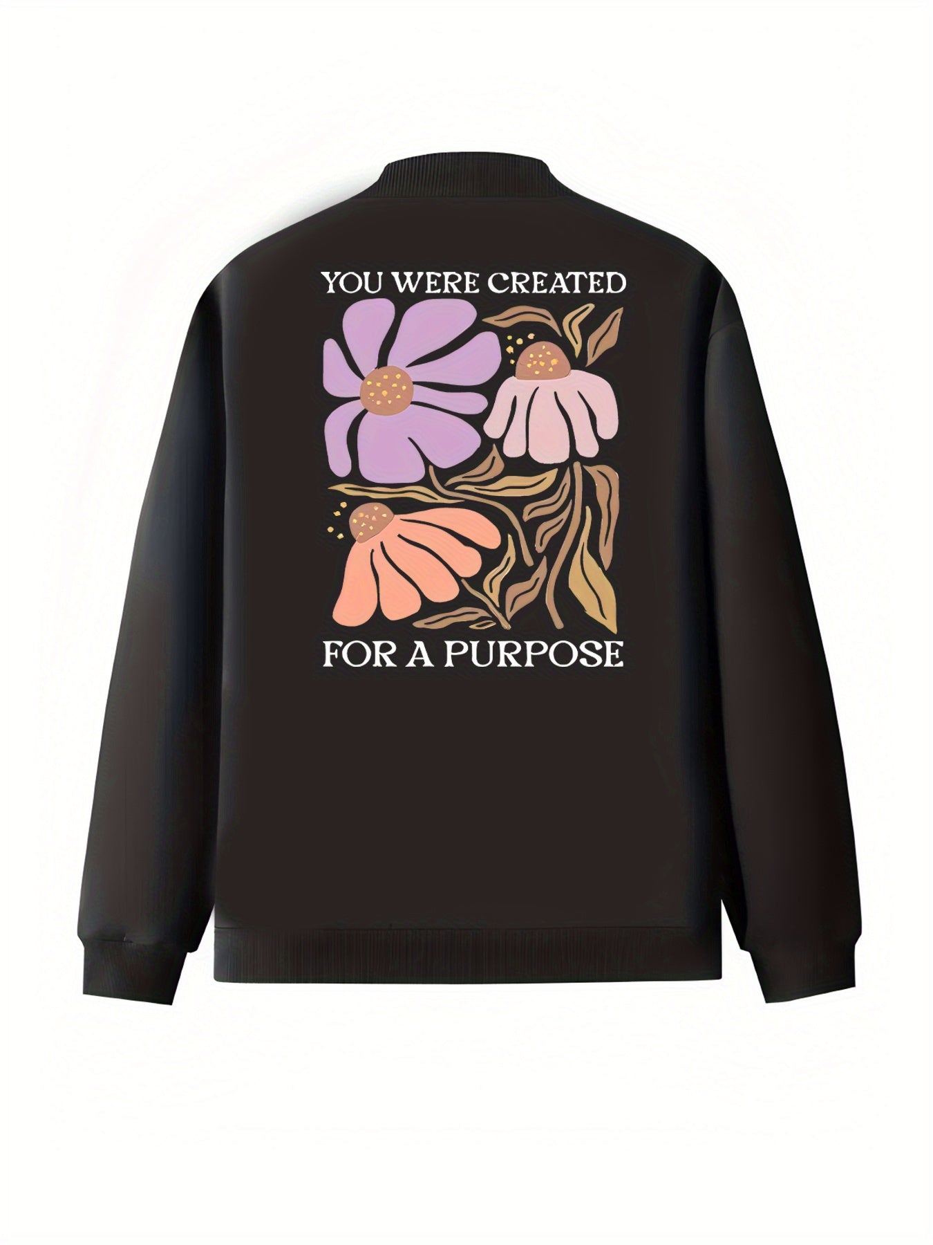 Women's Black Floral Design Jacket with Long Sleeve Casual Coat