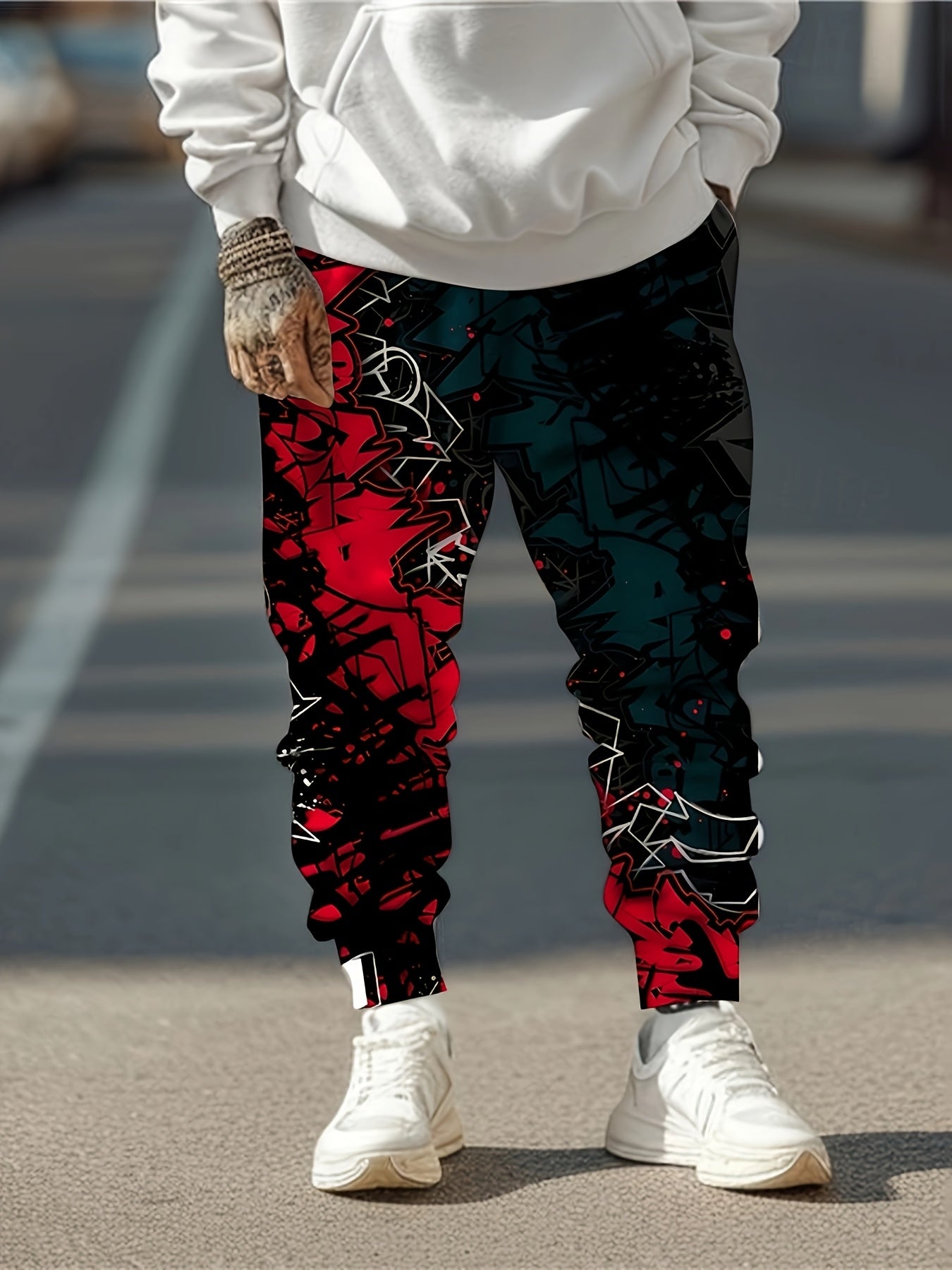 Men's Joggers with 3D Graffiti Print Drawstring Pockets Polyester Sweatpants All Seasons