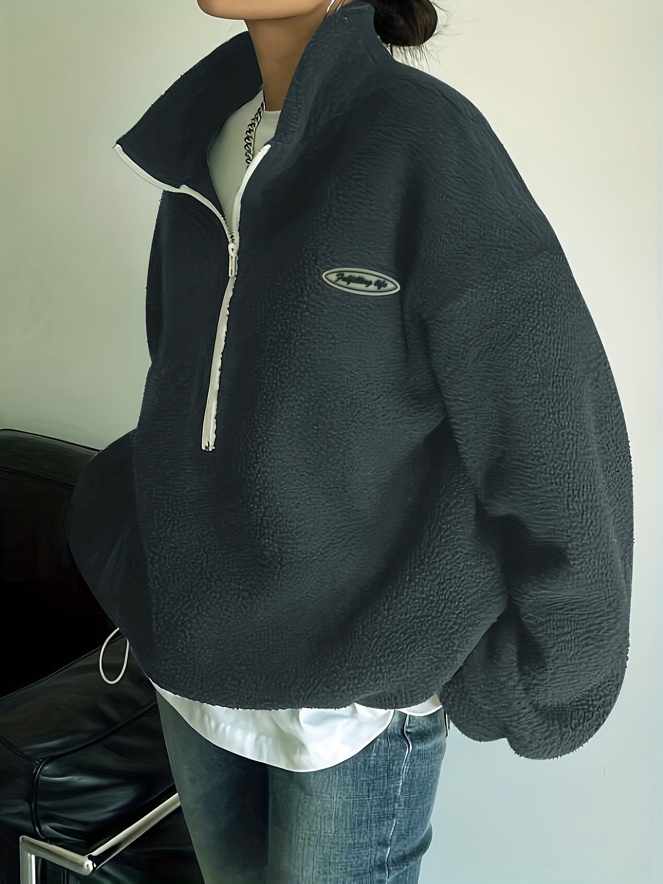 Women's Cotton Half-Zip Sweatshirt With Letter Patch and Drawstring