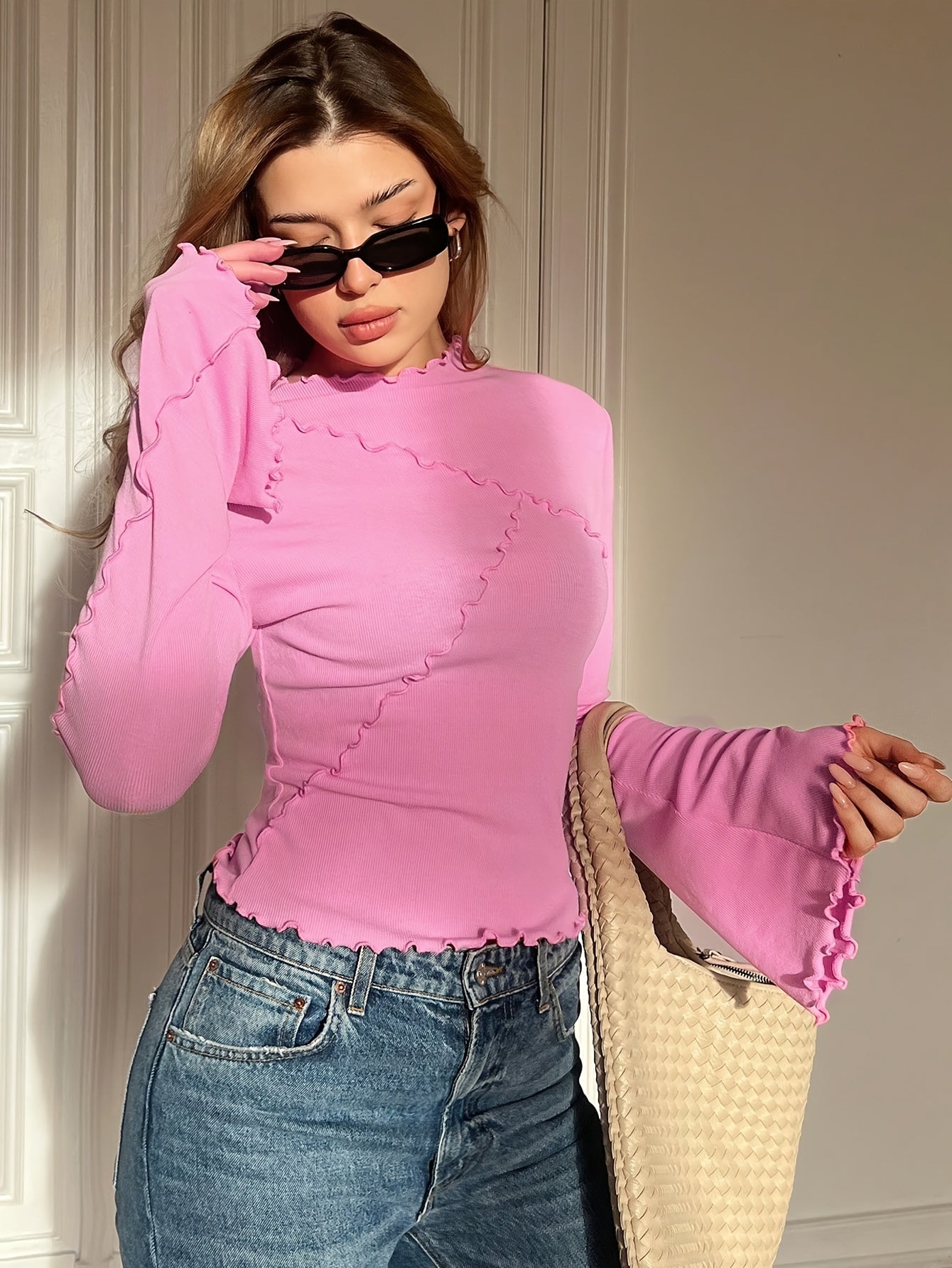 Women's Long Sleeve Crew Neck T-Shirt with Scalloped Hem Solid Color Casual Knit Fabric