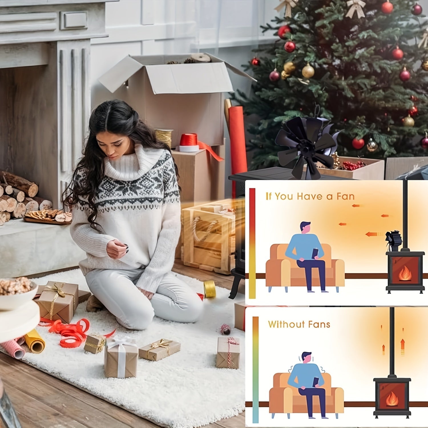 Алюминиевый 8-лопастной вентилятор для каминной печи с термометром и высокоскоростной полированной отделкой - не требует электричества, бесшумная работа, идеально подходит для дровяных каминов и печей зимой, не подходит для печей из талькохлорита/пеллет.