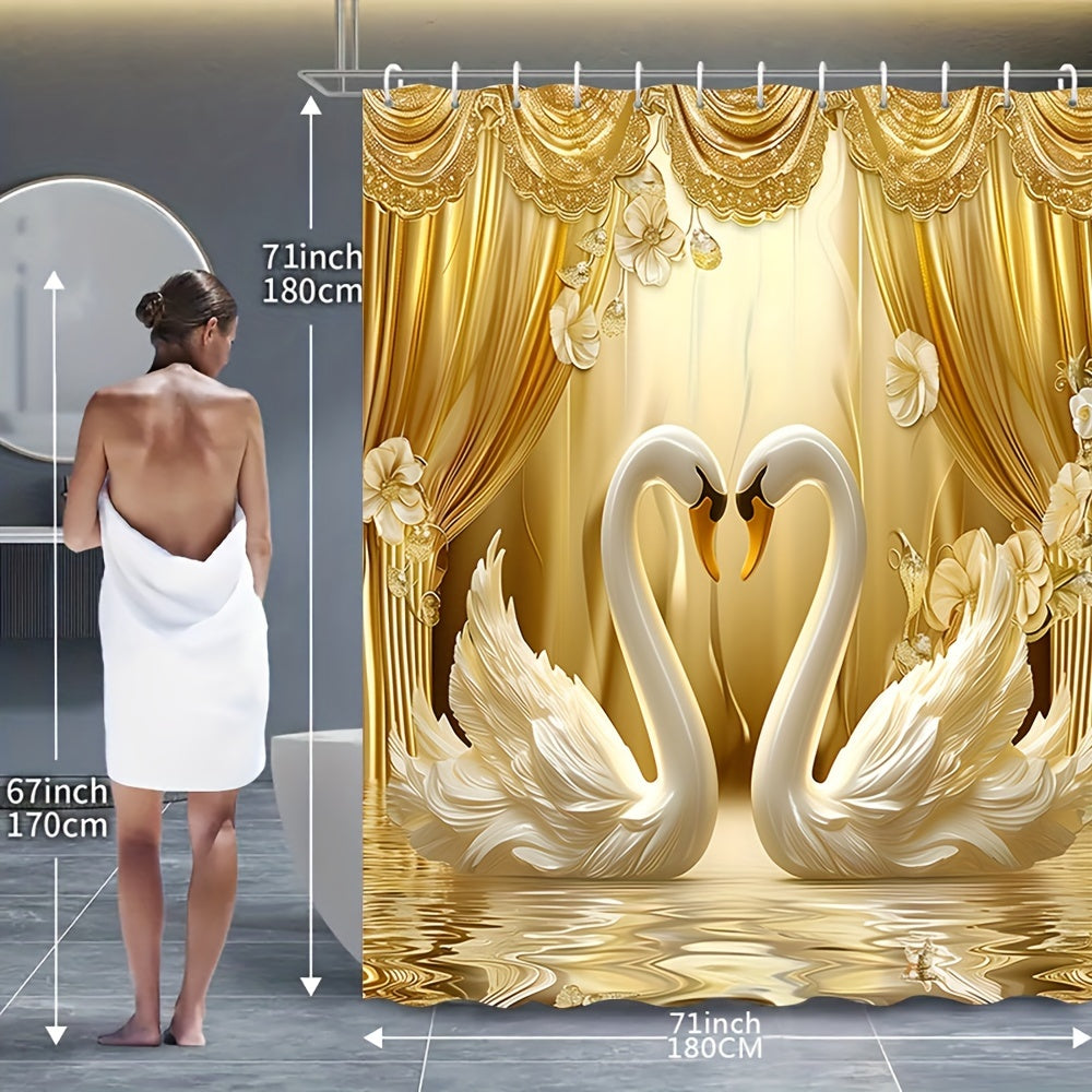 Golden 3D Swans Bathroom Set with Hooks Curtain Mat Seat Cover Rug for Valentine's Day