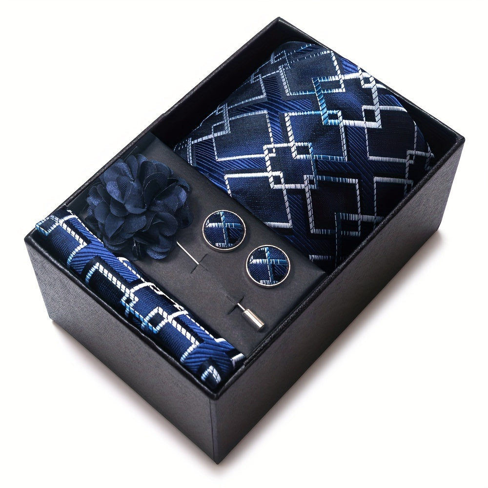 Set of 5 Men's Accessories Dark Blue Striped Necktie Hanky Cufflinks Brooch for Wedding or Business