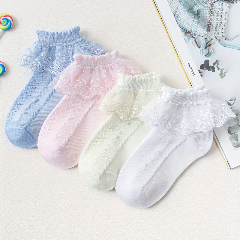 Girls' Crew Socks 4 Pairs Lace Ruffle Trim Breathable Comfortable All-Season