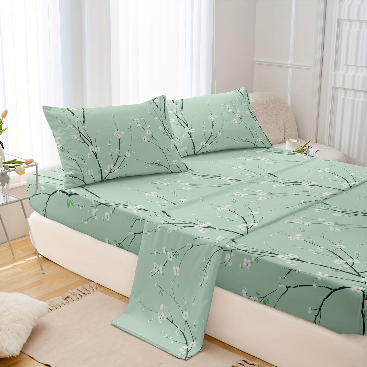 Set of Four Flower Print Fitted Sheets with Pillowcases Breathable Soft Cotton