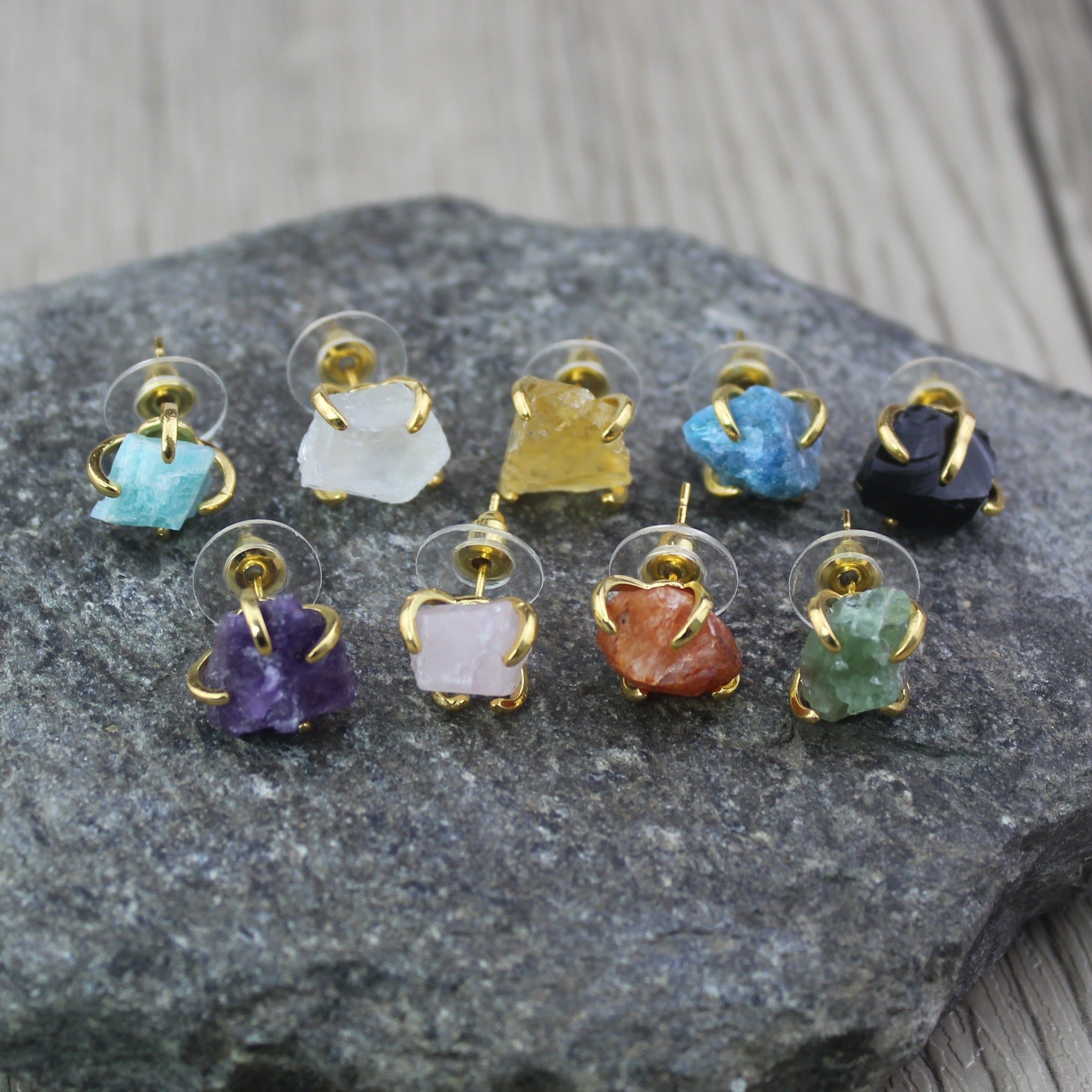 Small Handmade Stud Earrings with Colorful Natural Stones for Women