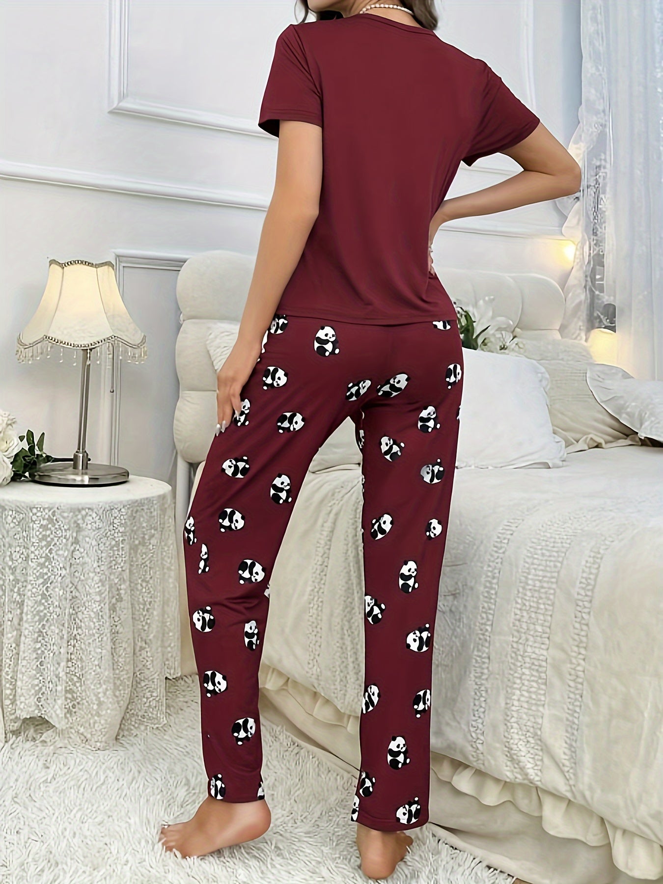 Women's Sleepwear Set with Panda Print Short Sleeve Top and Elastic Pants