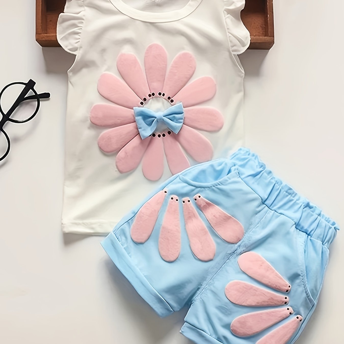 Girls Summer Two-Piece Set Cotton Sunflower Print Top and Shorts Casual Outdoor Wear