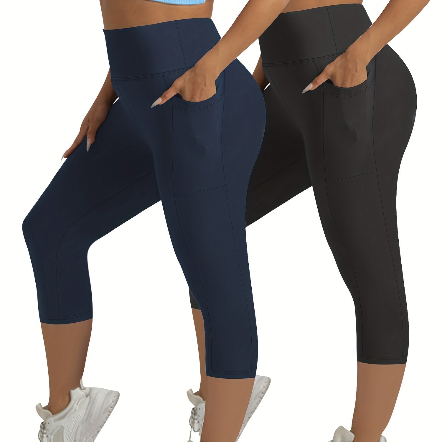 Plus Size 2-Pack High-Waisted Pocket Pants Beige Fitness Outdoor Comfortable