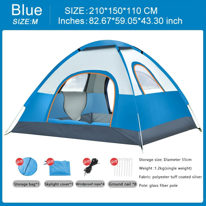 3-Person All-Season Pop-Up Camping Tent with Hydrophobic Polyester and Glass Fiber Frame Blue