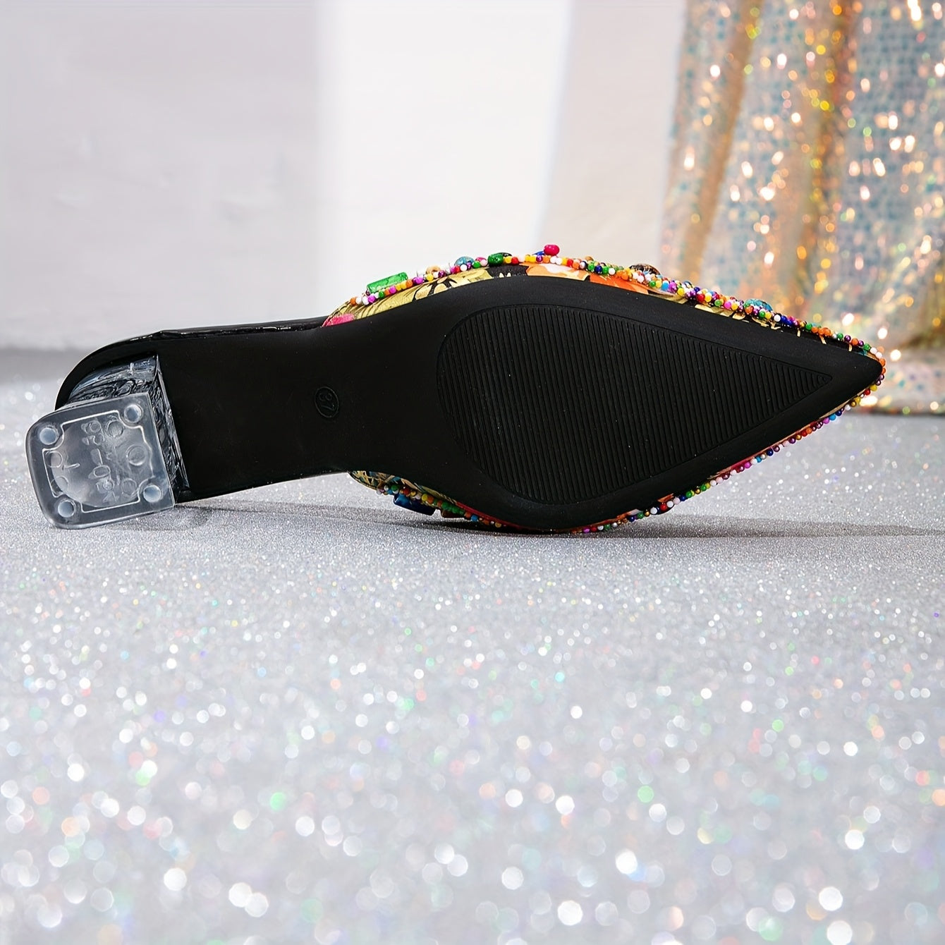 Women's Pointed Toe Mary Jane Shoes with Rhinestones and Clear Block Heel