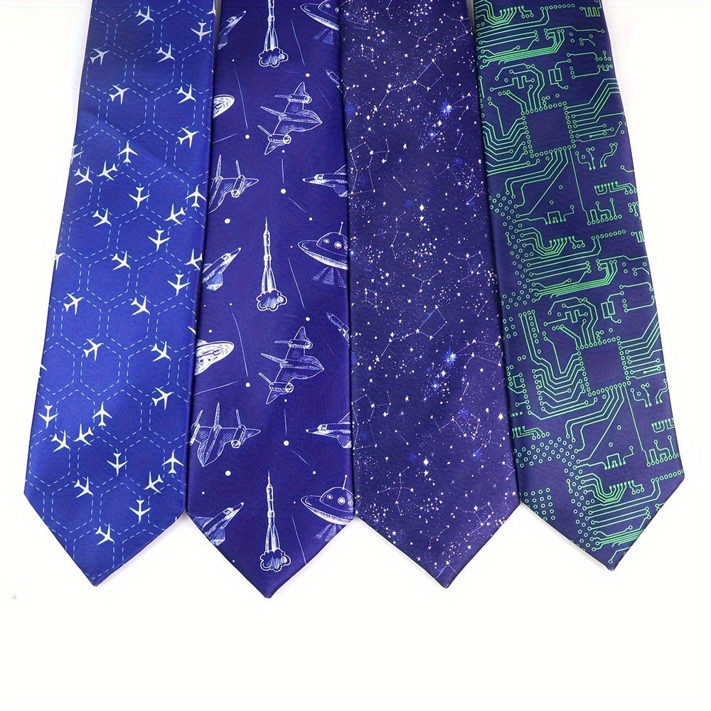 Silk-Like Printed Tie with Airplanes Planets Symbols Musical Notes Footballs for School Work Party