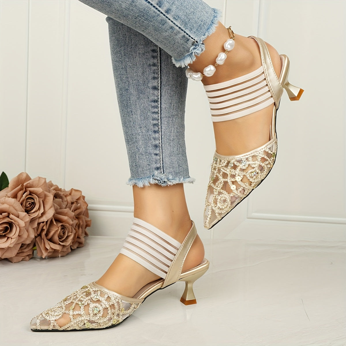 Women Lace-Up Pointed Toe High Heels with Sequin Embellishments