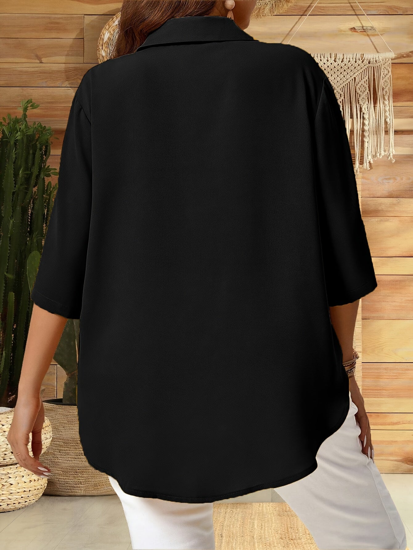 Women's Plus Size Black V-Neck Short Sleeve Button Shirt Casual Summer Blouse