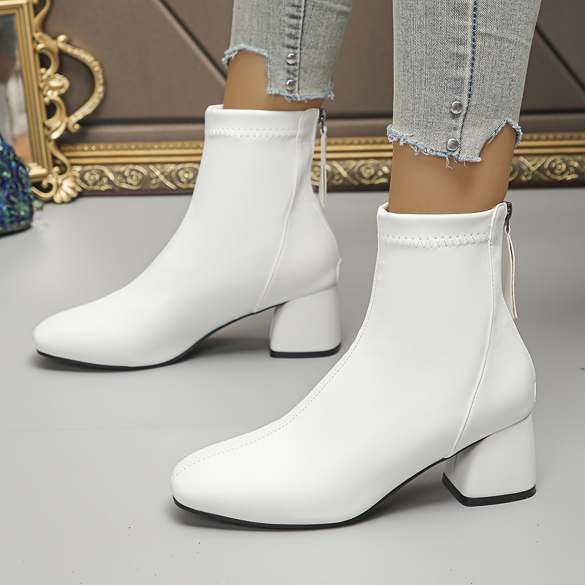 Women's Chunky Heel Ankle Boots Solid Color Back Zipper Rubber PU