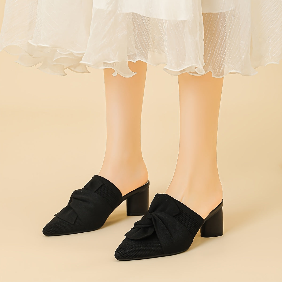 Women’s Pointed Toe Pumps Solid Color Fabric Slip-On Mid Heel Durable Sole