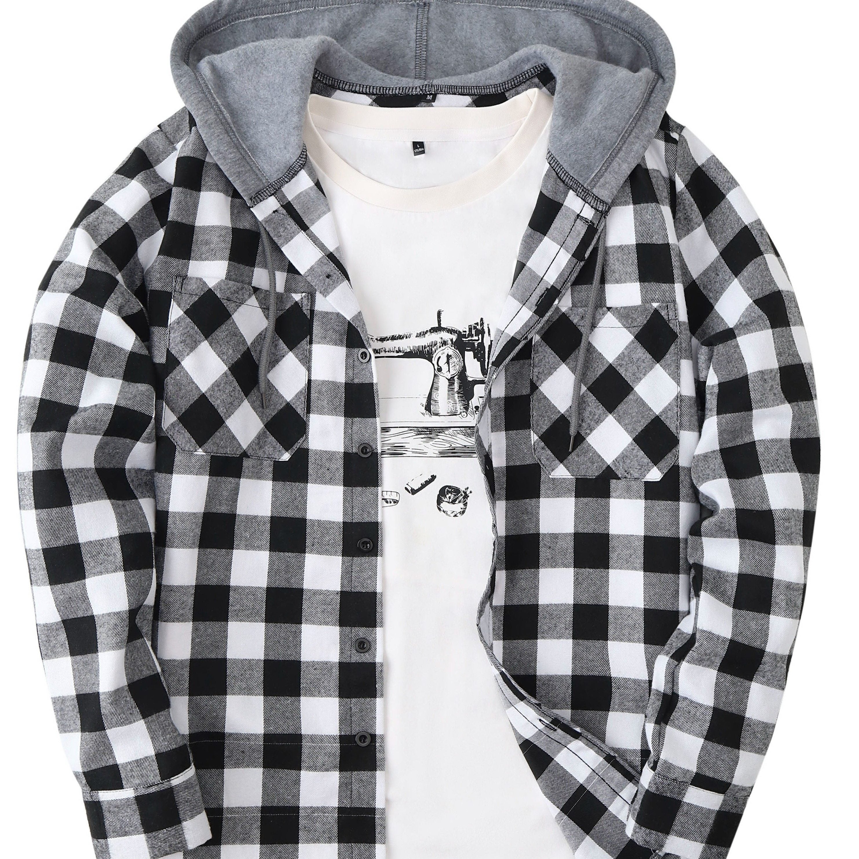 Men's Plaid Polyester Hooded Button-Up Jacket for Casual Sports Style