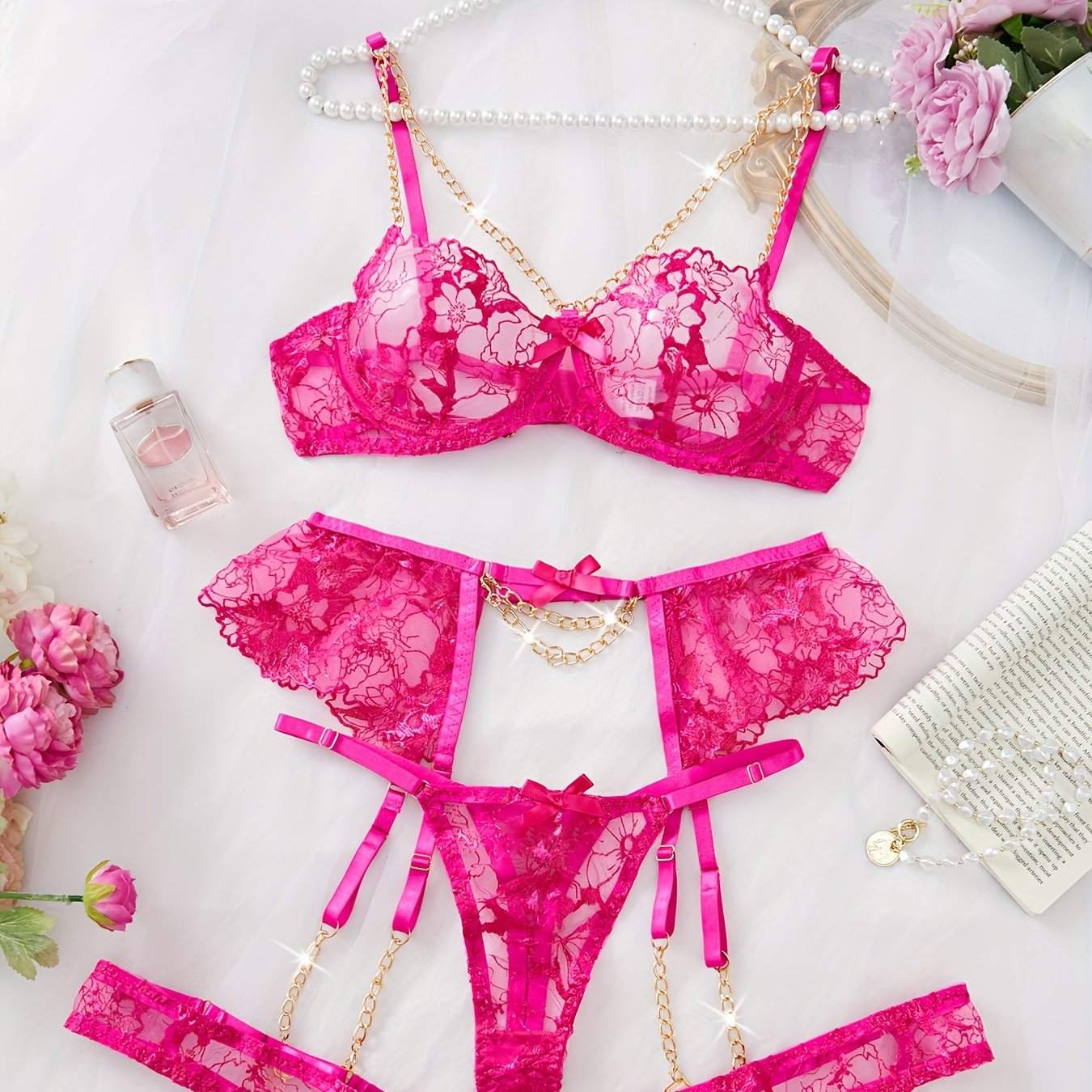 Women's Floral Embroidery Semi-Sheer Lingerie Set with Chain-Linked Underwire Bra Thong Garter Belt