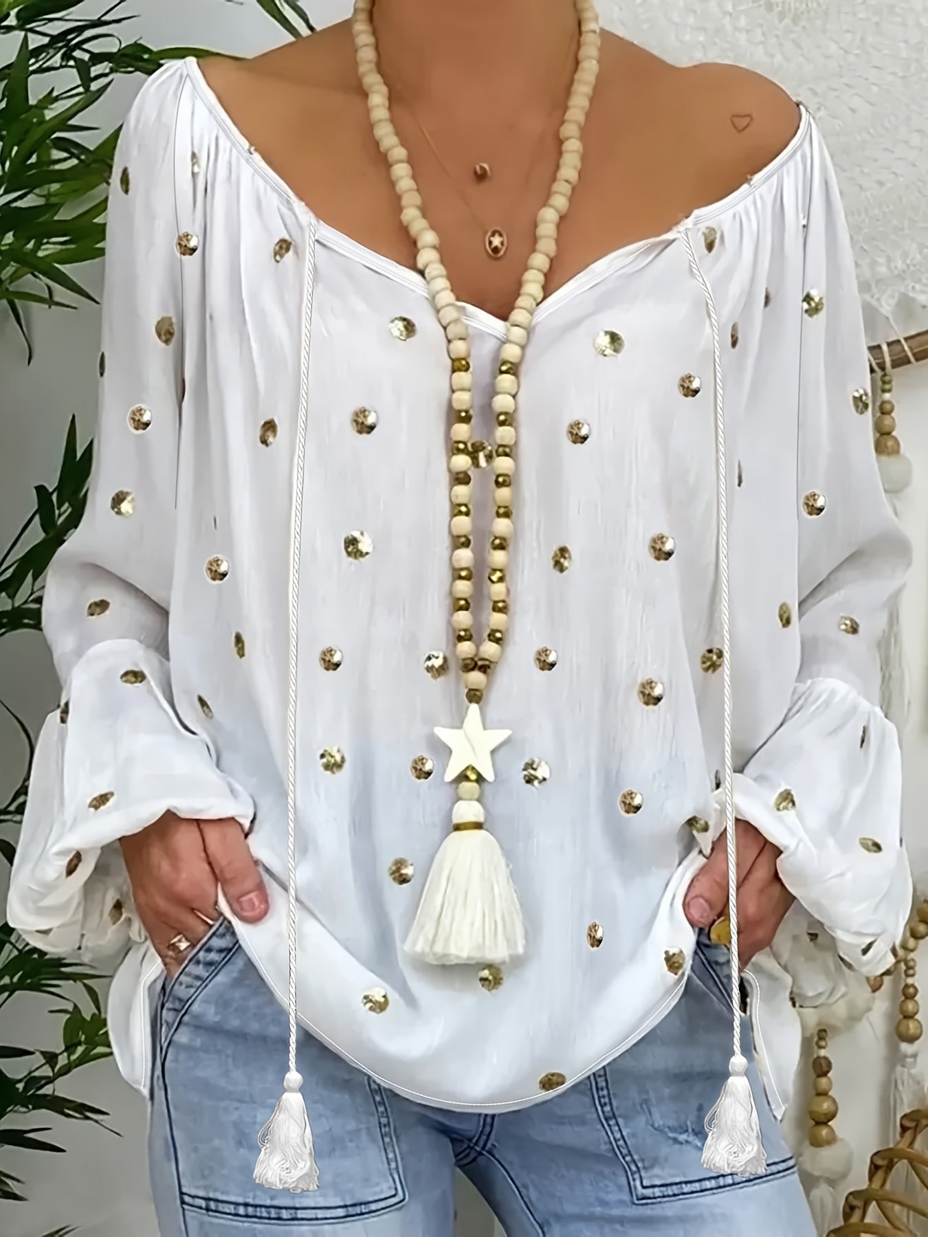 Polka Dot Tie Neck Blouse for Plus Size Women Long Sleeve Woven Polyester Spring Fall