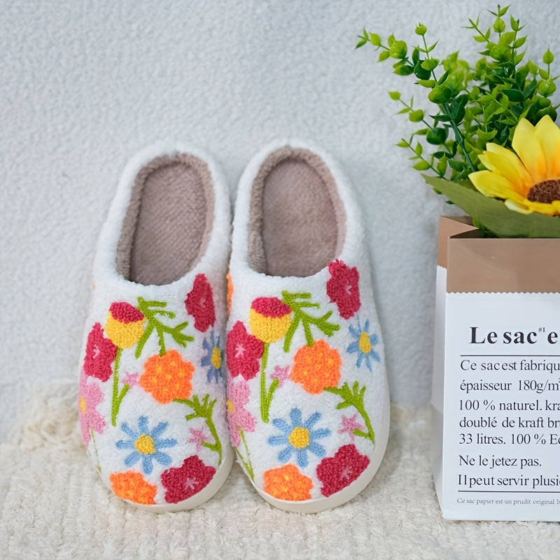 Unisex Plush Floral Indoor Slippers Warm Soft Winter TPR Sole