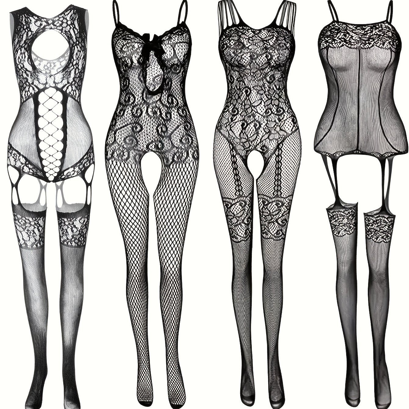 Ayollar uchun Fishnet Bodysuit to'plami, kesmalar bilan shaffof tarmoq ichki kiyim