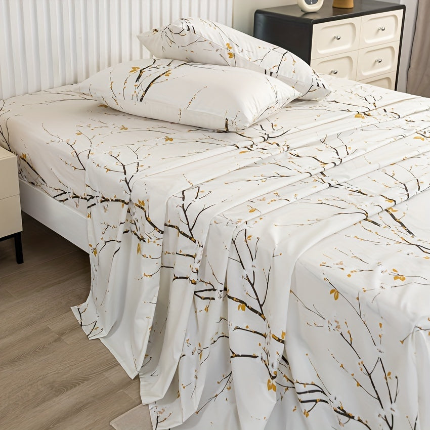 Floral Branch Microfiber Fitted Sheet Set with Deep Pockets and Pillowcases