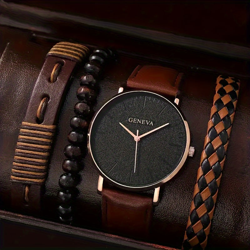 Men's Quartz Watch and Three Leather Bracelets Set