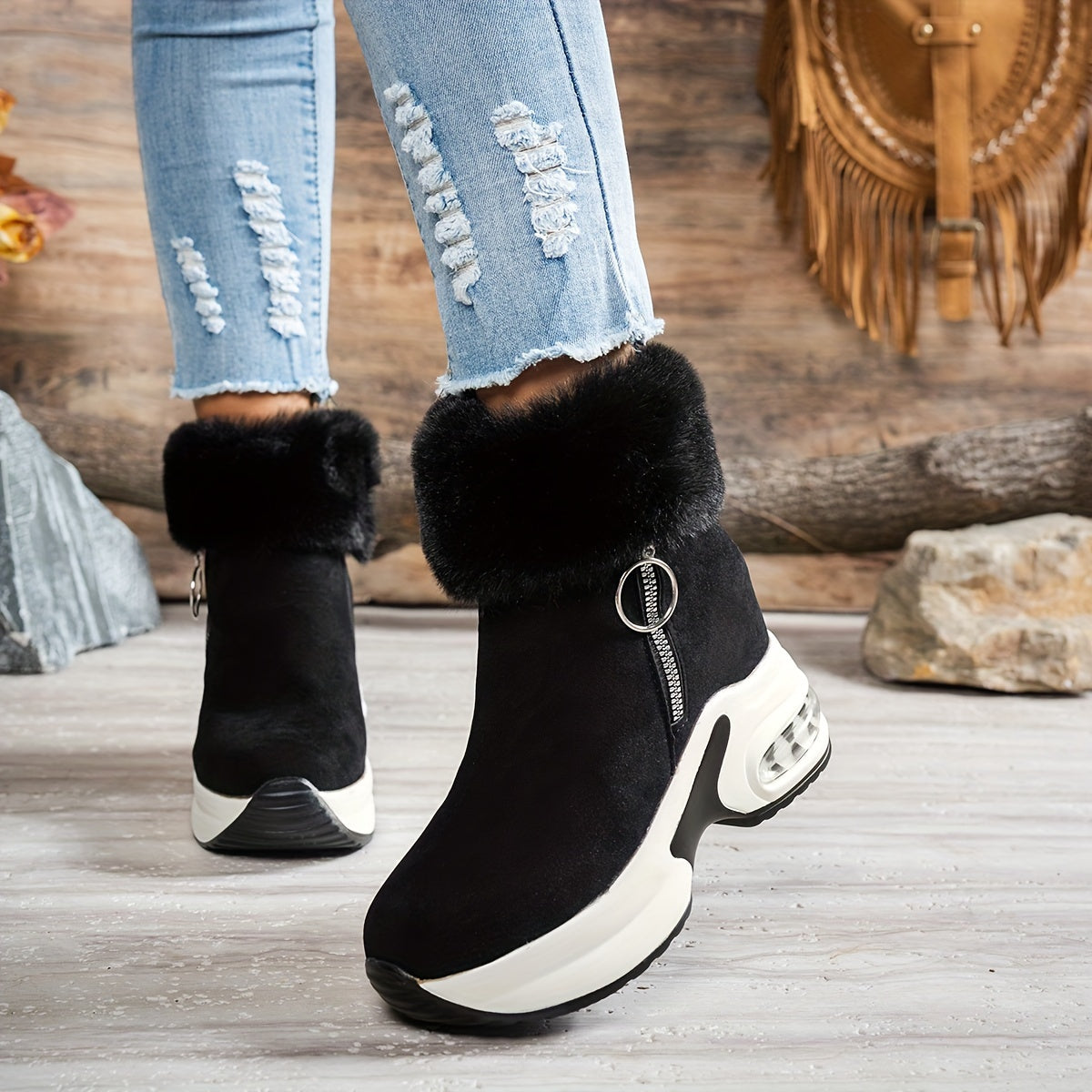Women's Winter Plush-Lined Platform Ankle Boots with Thick Sole