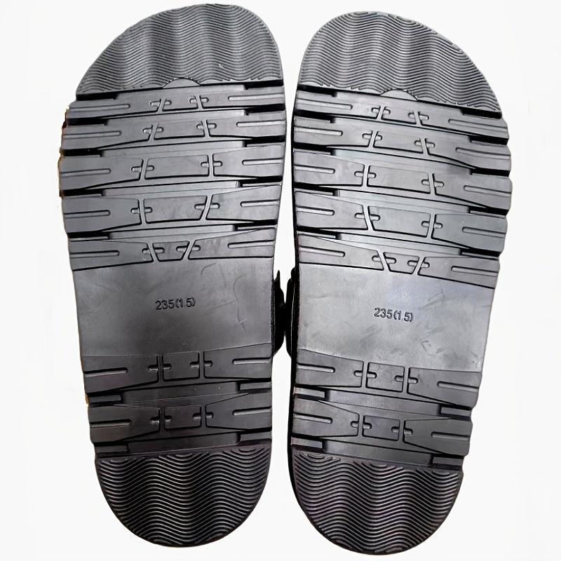 Women's Black Flat Sandals with Buckle Closure, Round Toe, Thick Sole