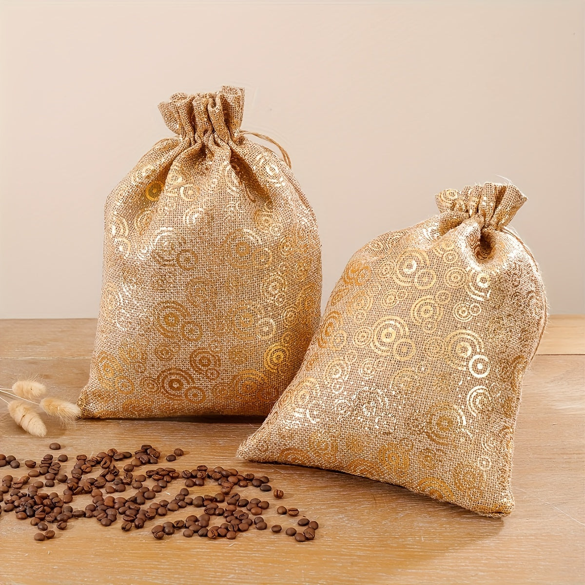 Juego de 2 bolsas de lino para granos de café, a prueba de humedad, con detalles en dorado