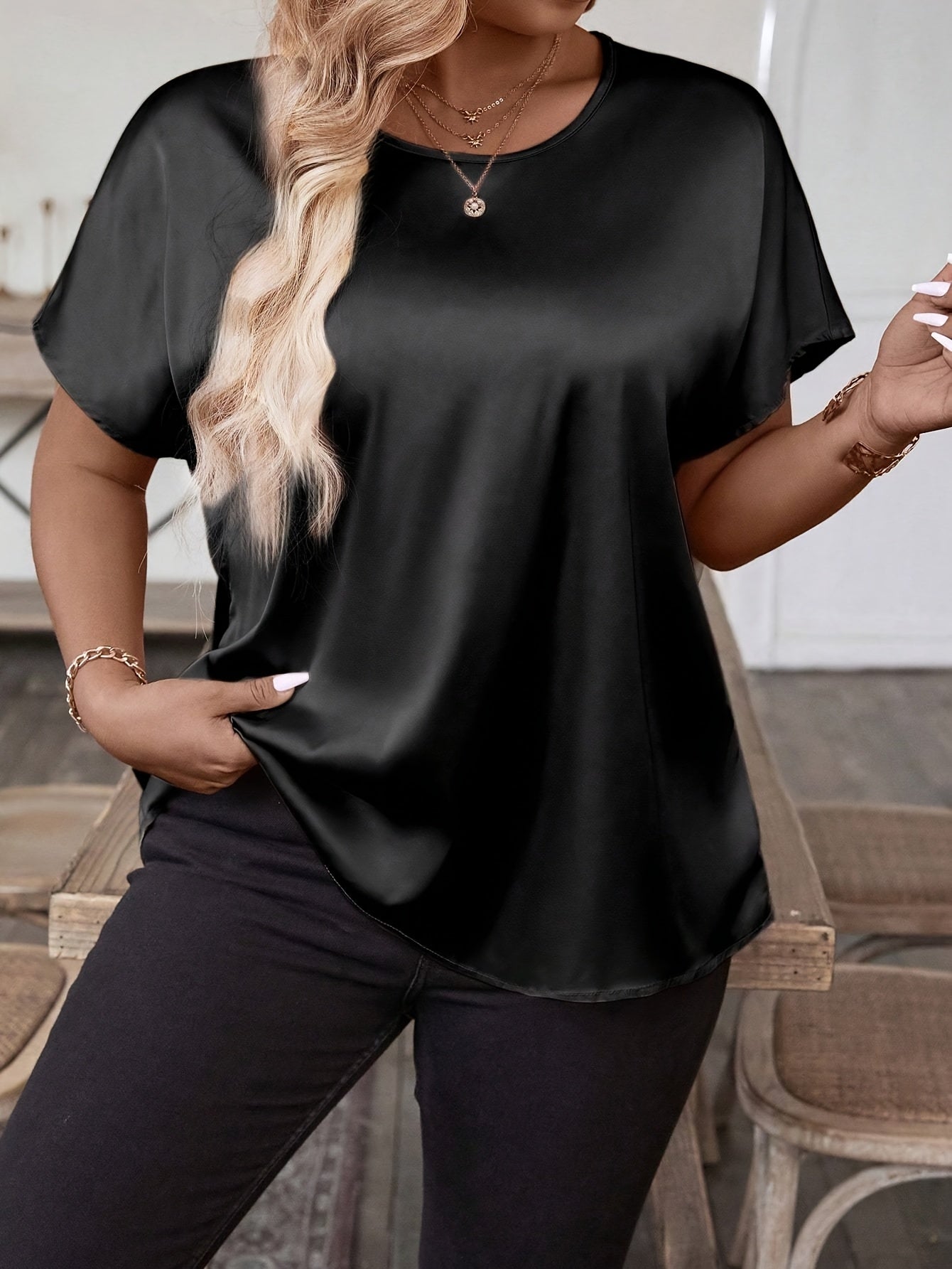 Plus Size Women's Satin Batwing Sleeve Blouse Black Short Sleeve Casual Semi-Formal