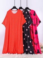 Plus Size Summer Sleepwear Nightgowns Polyester Heart Polka Dot Sleep Dresses