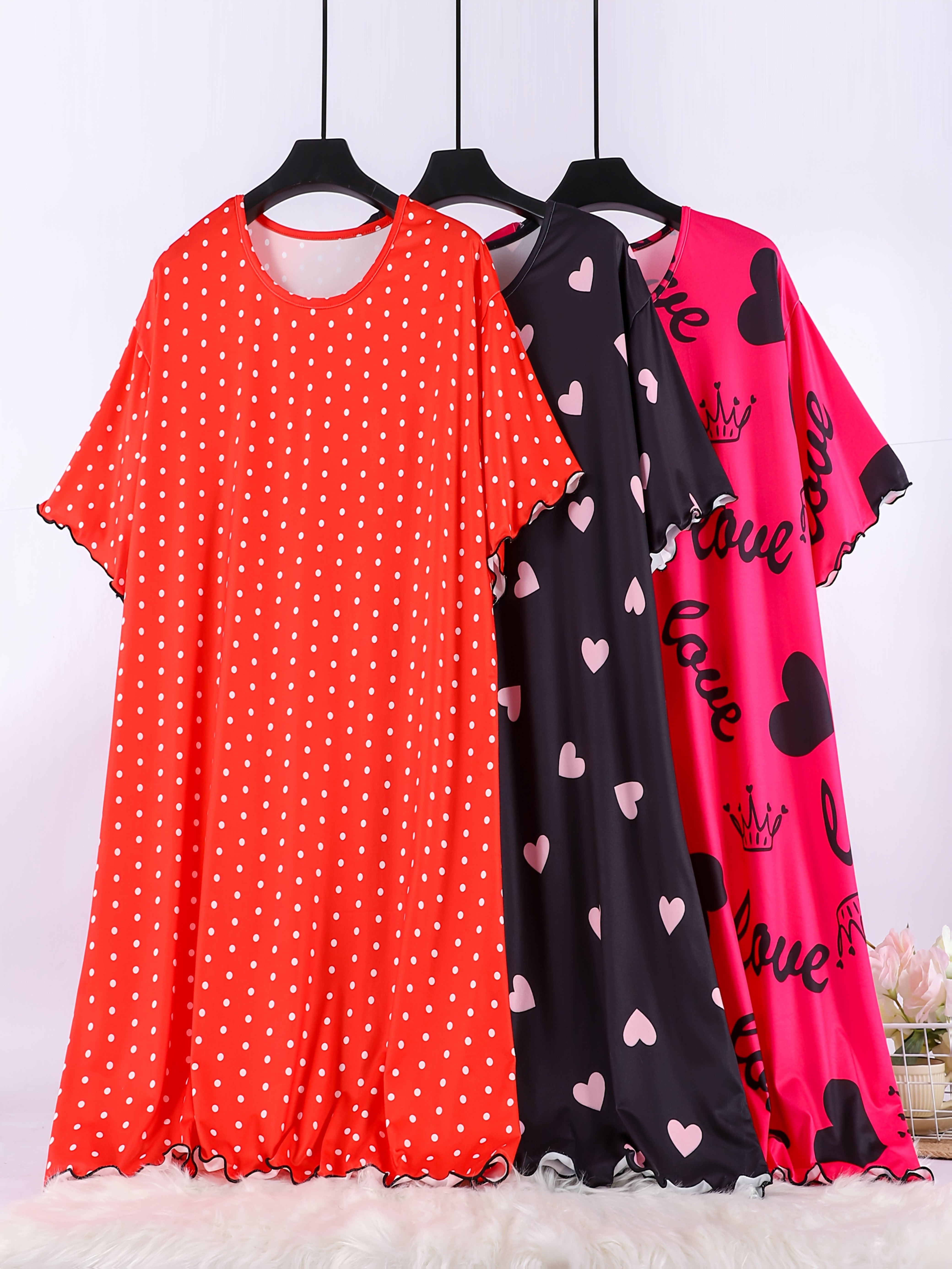 Plus Size Summer Sleepwear Nightgowns Polyester Heart Polka Dot Sleep Dresses