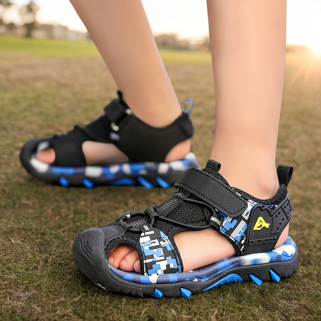 Sandalias deportivas casuales para niños con puntera redonda, cierre elástico y suela TPR