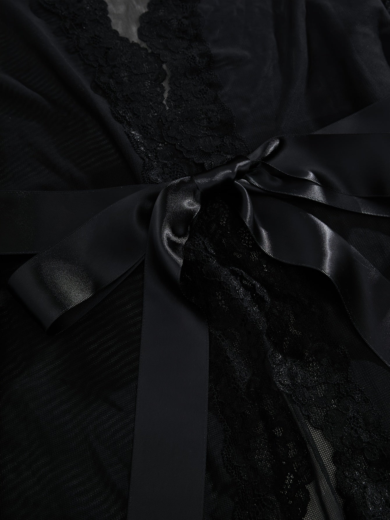 Black Mesh Lingerie Robe with Lace and Satin Belt for Nightwear