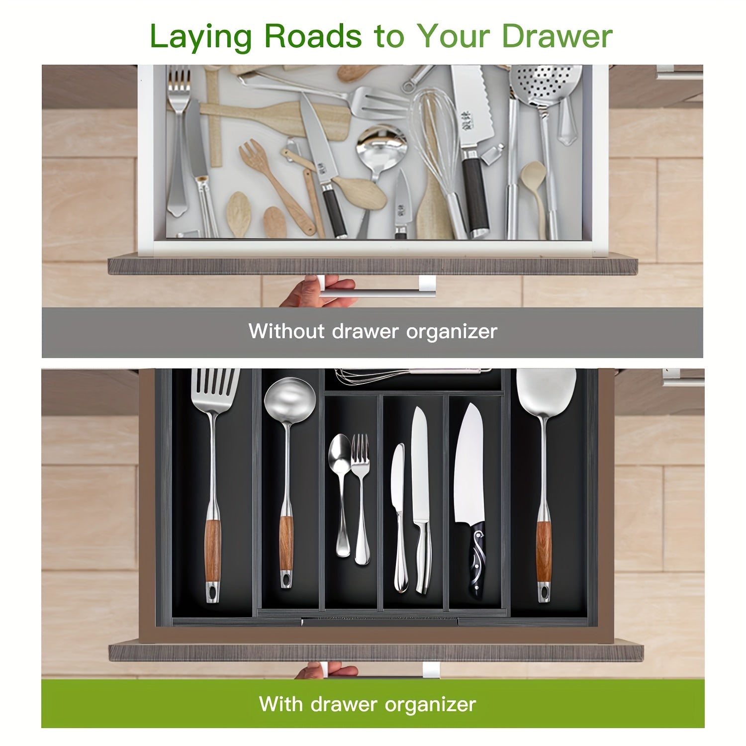 Bambuk pichoq va vilkalar saqlash qutisi, choʻziladigan stol uchun idish-tovoq tashkilotchisi, 1 dona