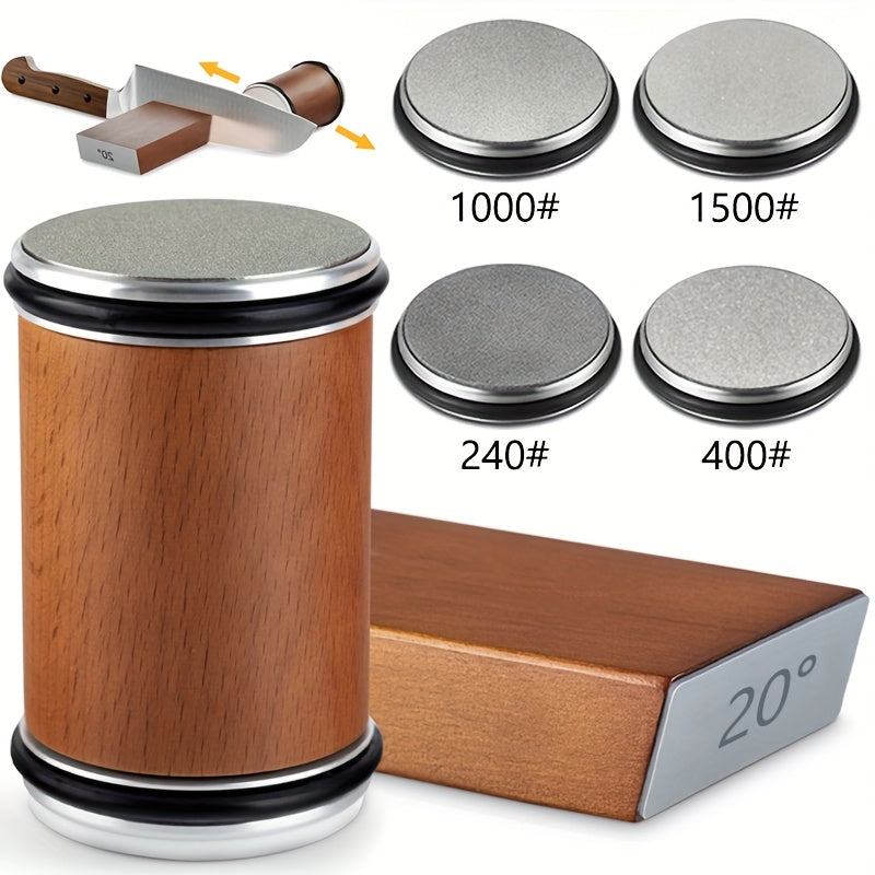 Magnetic Diamond Knife Sharpener with Aluminum Kitchen Tool, 15/20 Degree Angle, Wooden Base