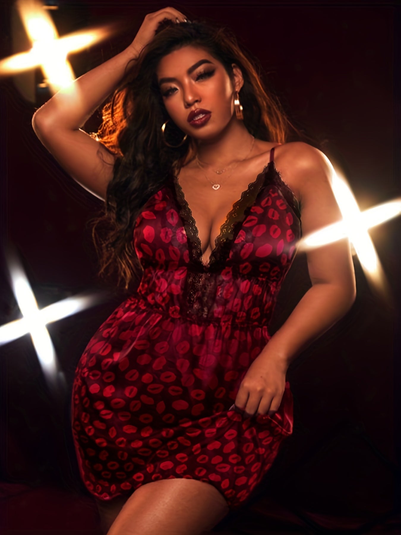 Plus Size Women's Mesh Slip Dress With Lip Print Asymmetrical Detail