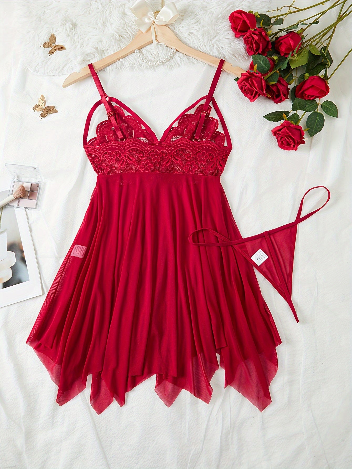 Women's Floral Lace Nightdress with Mesh Contrast V-Neck Backless Asymmetric Hem and Thongs