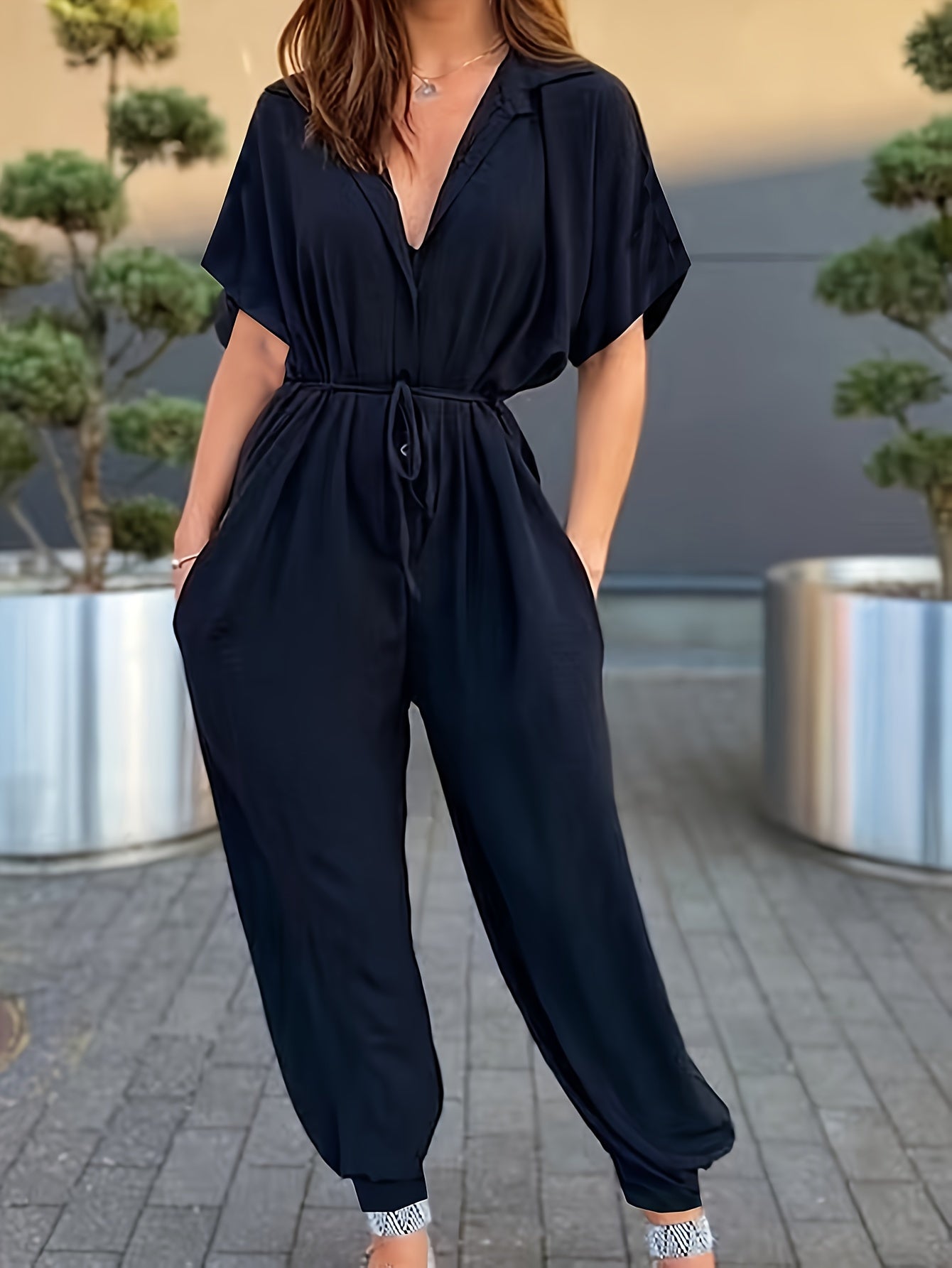 Women's Casual Black Flared Drawstring Pants Plus Size with Pockets