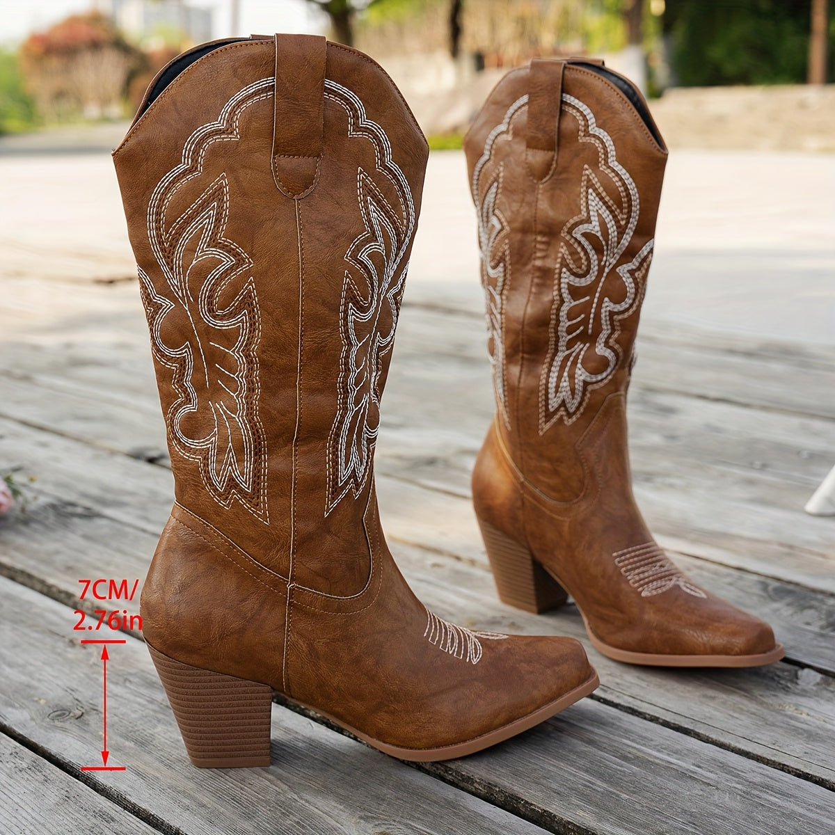 Women's Western Slip-On Boots with Embroidery Brown Square Toe All-Season