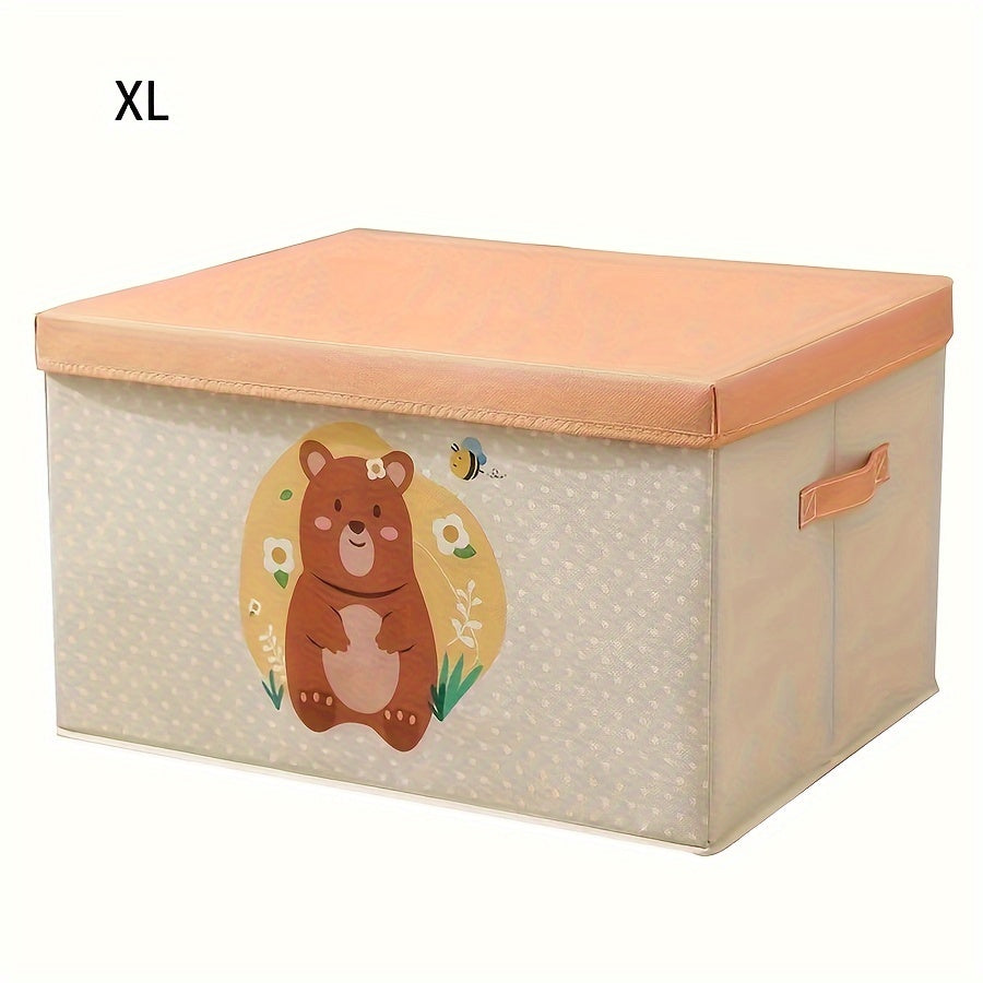 Large Capacity Fabric Storage Box with Lid Cartoon Bear Dog Dustproof Organizer for Clothes Quilts
