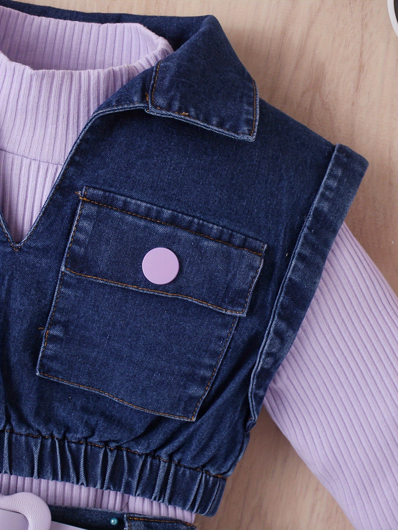 Girls' Casual Outfit Set with High Neck Long Sleeve Top Denim Vest and Pleated Knee-Length Skirt