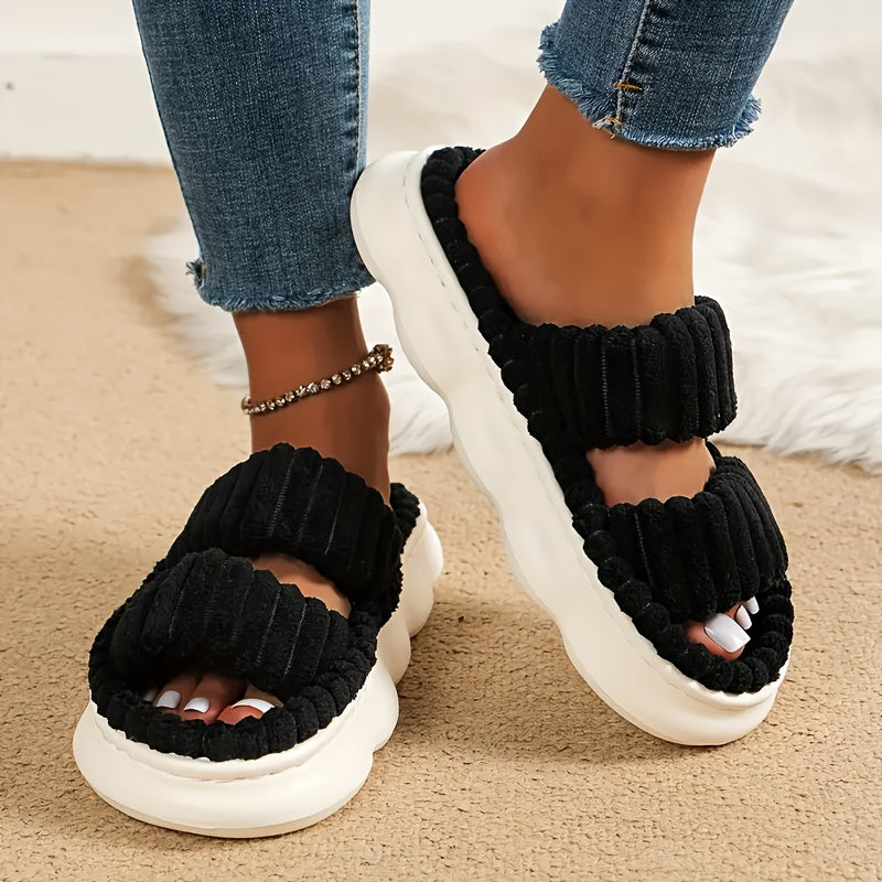 Women's Plush Indoor Slippers Non-Slip Thick Sole Gray Ribbed Textured Open Toe